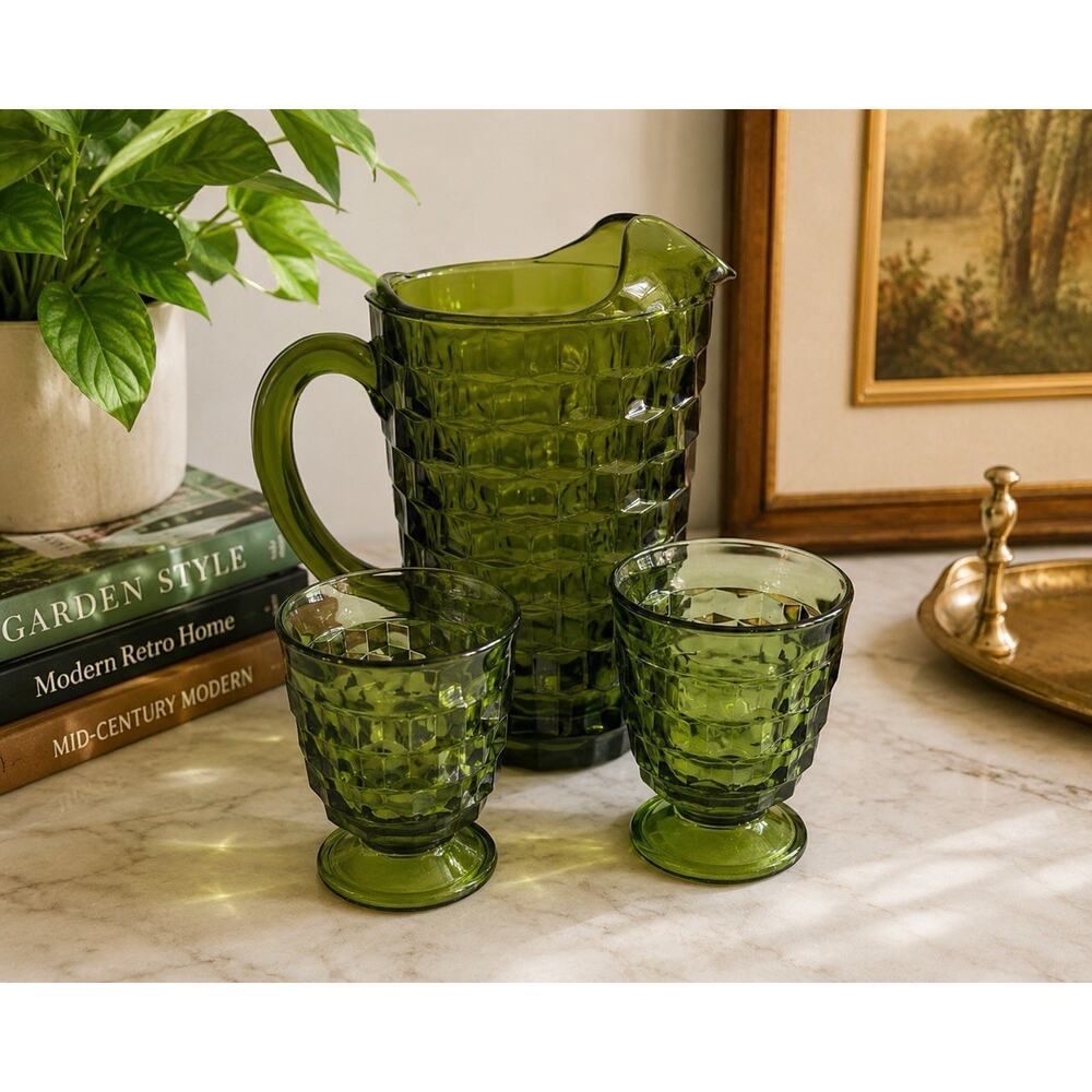 Vintage Indiana Glass Olive Green Whitehall Pitcher & 2 Goblets Set MCM